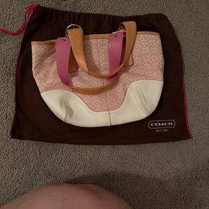 Coach Pink Signature Tote with Cream and Tan Leather Accents